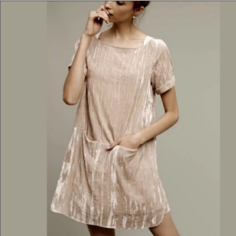 Anthropologie Floreat Champayne Crinkle Velvet Shift Tunic Dress Size M Pockets - Picture 10 of 14